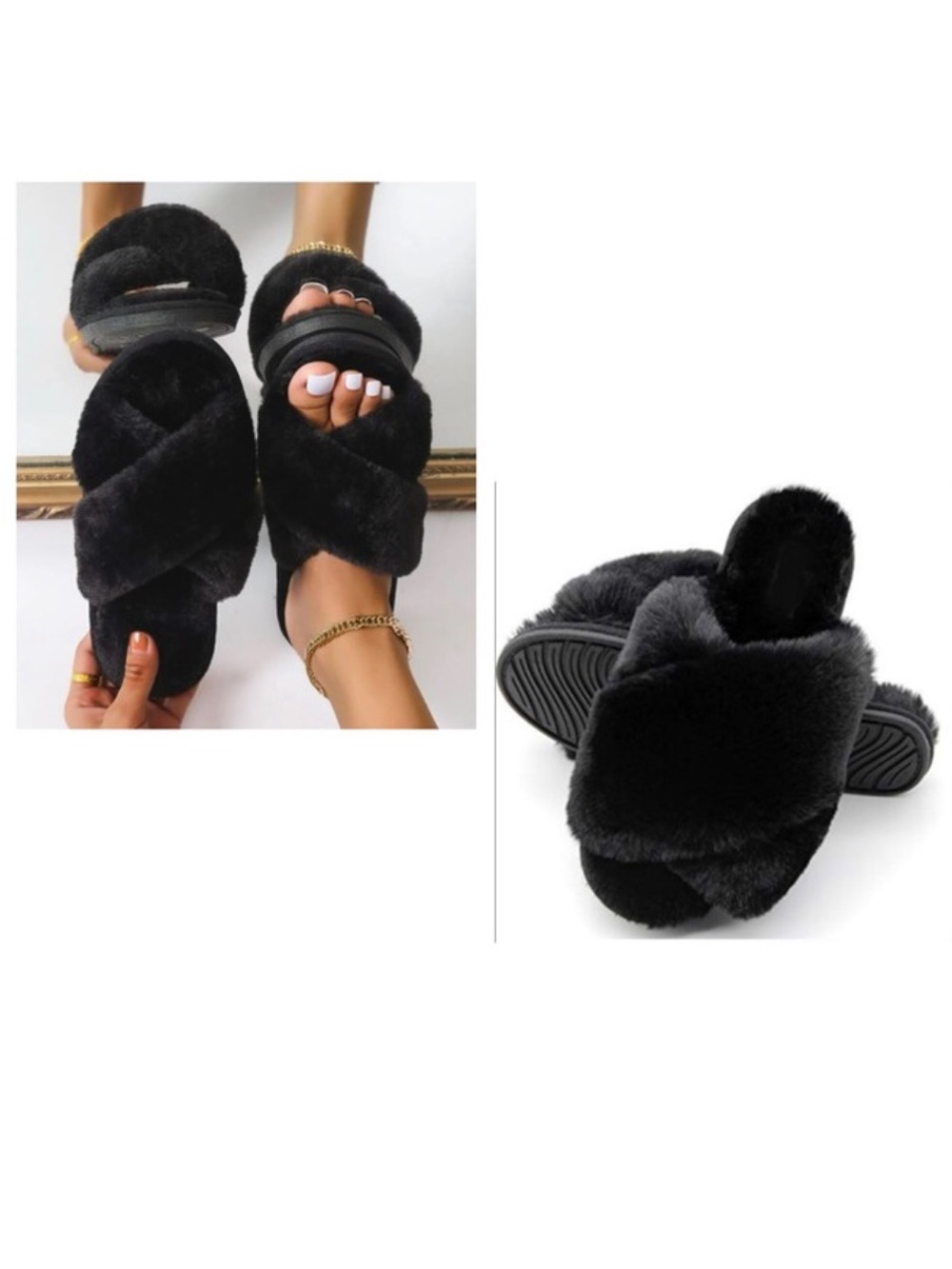 FamiPort Cross Band Flufgy Fuzxy Slippers Women Color Black Size S 5.5-6…